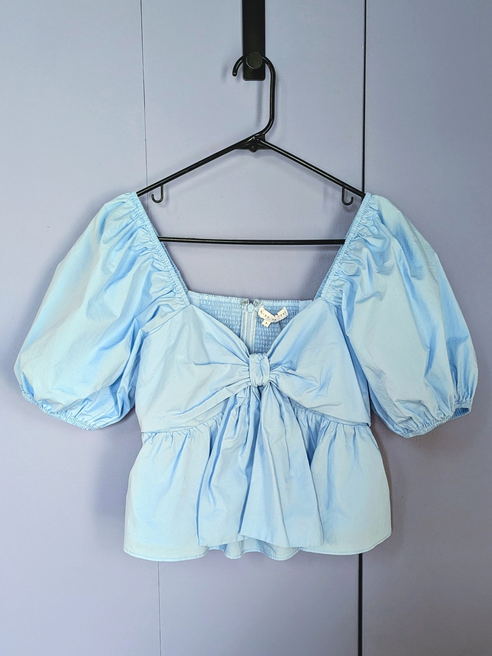 English Factory Light Blue Cropped Bow Peplum Top With Sweetheart Neckline - Picture 7 of 10